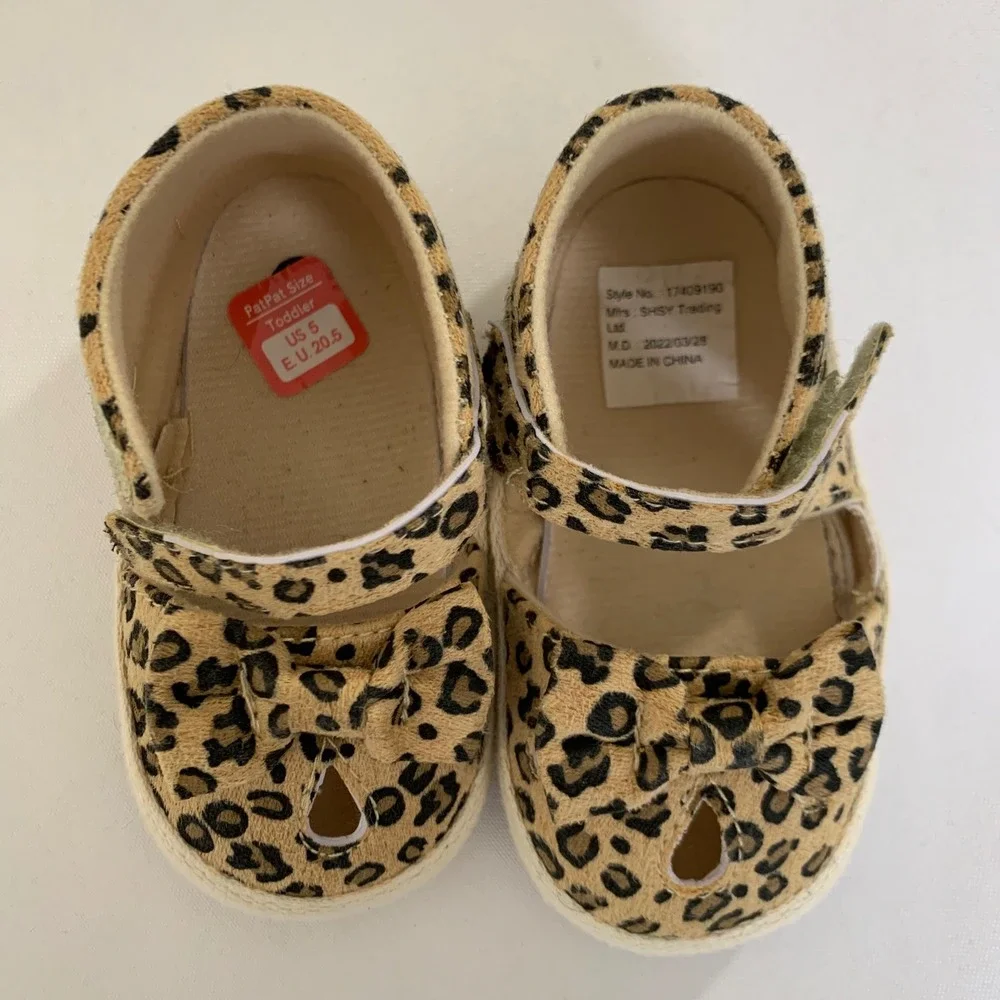 PatPat Leopard Print Sandals Baby Girls 5 Brown‎ Bow Espadrille Safari Chic Soft
